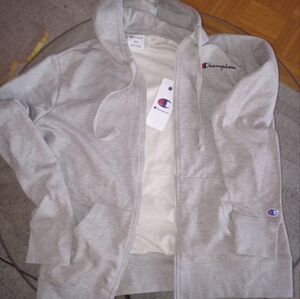 🆕Champion Light Gray Zip Up Hoodie With Script Logo Medium